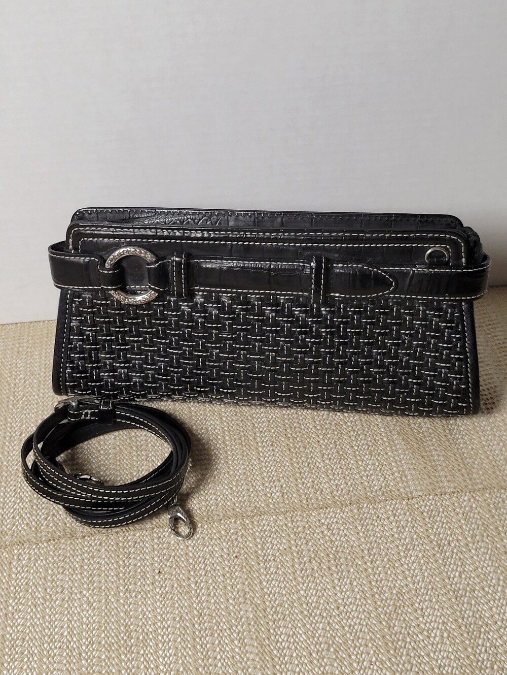 Brighton Black Leather and Croc-embossed Convertible Clutch/Crossbody